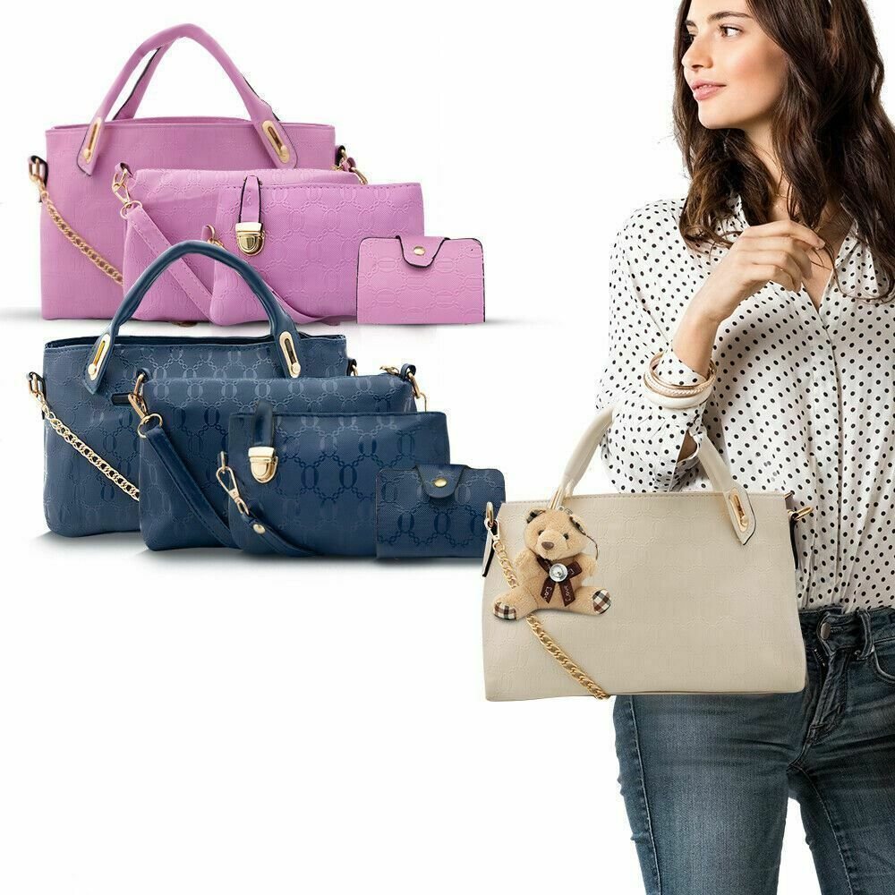 Aquarius Women 4 Piece Leather Handbag Set, Blue/White/Purple, Pack of 1 or 2 - Vedea MerchandiseWhite