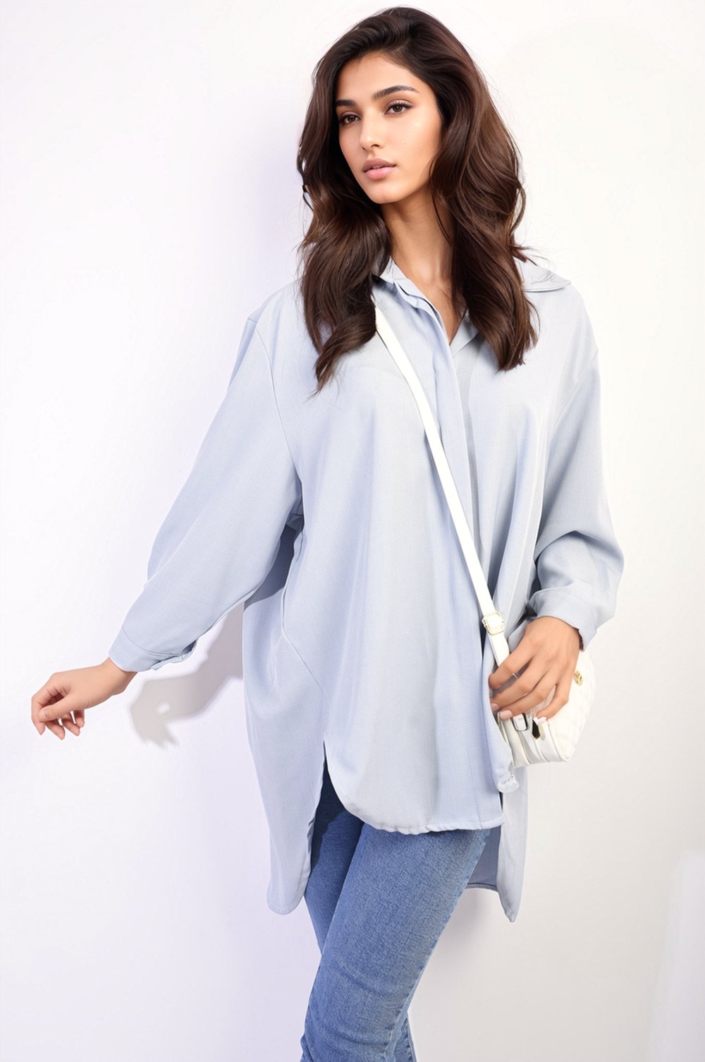 Button Up Oversized Long Back Shirt Dress - Vedea MerchandiseM/LSky Blue