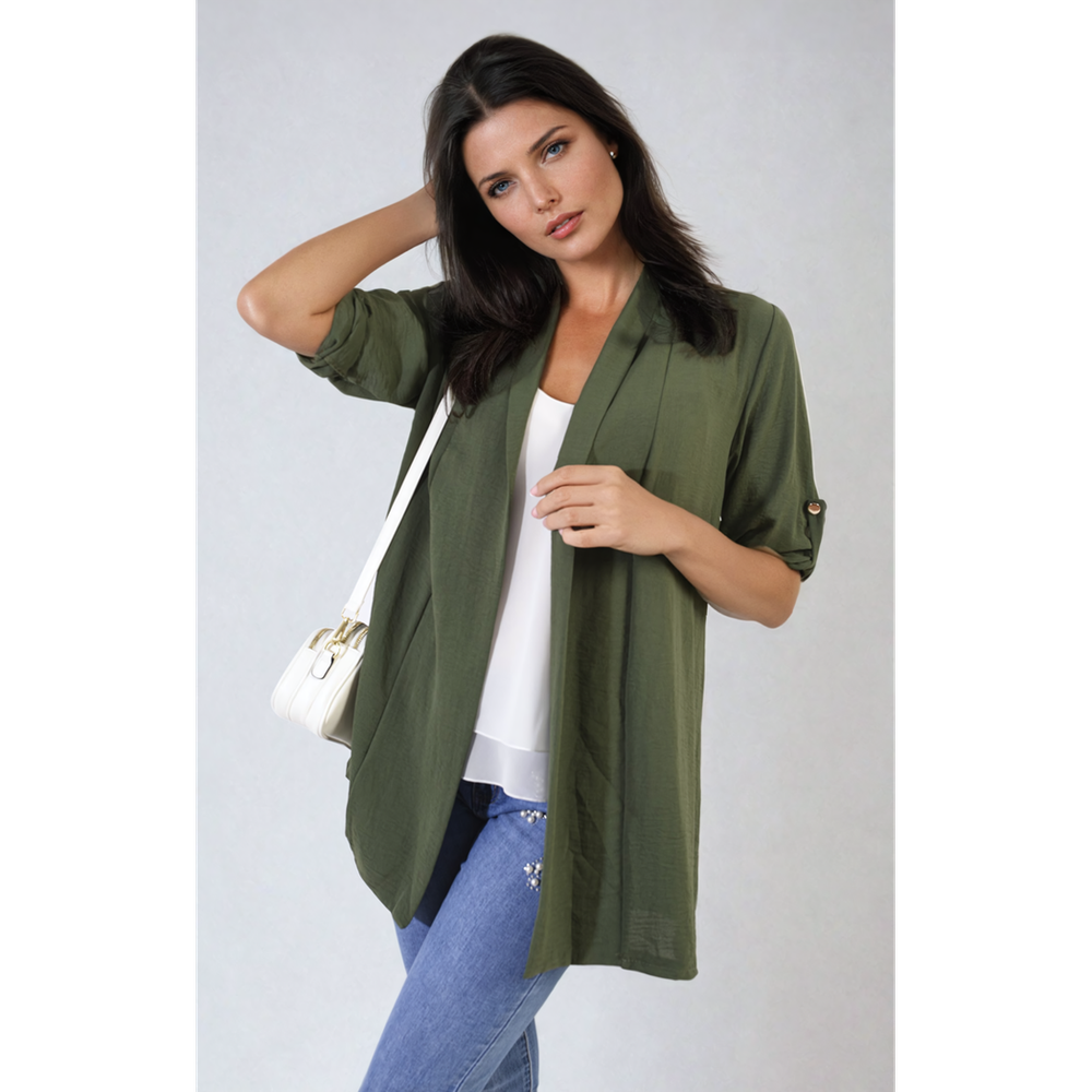 Open Front Roll Up Sleeve Cardigan