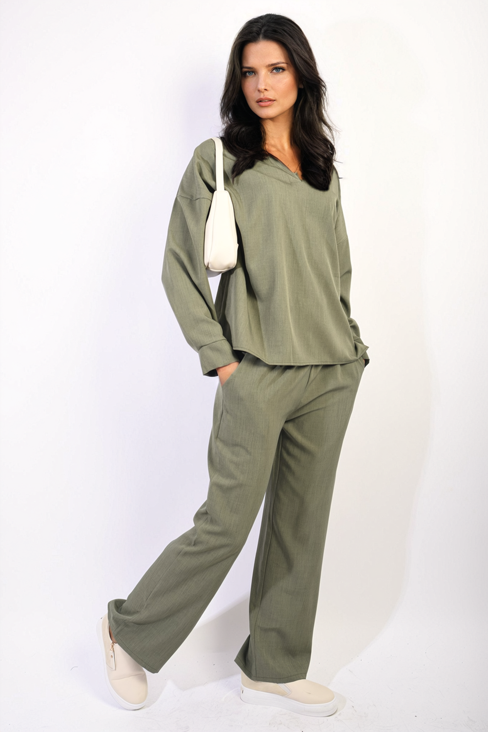 Women's V-neck Top and Wide Leg Trousers Set