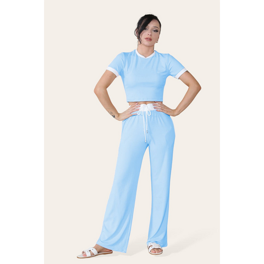 Ribbed Contrast Wide Leg Flared Trousers And Top Loungewear TRS Cropped Set