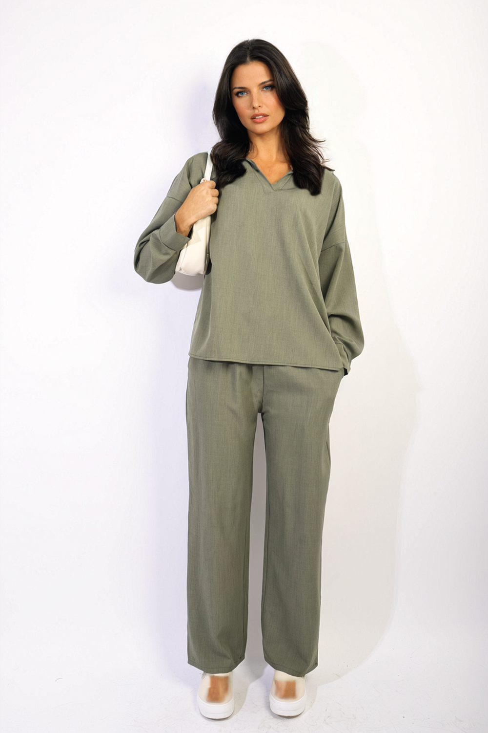 Women's V-neck Top and Wide Leg Trousers Set