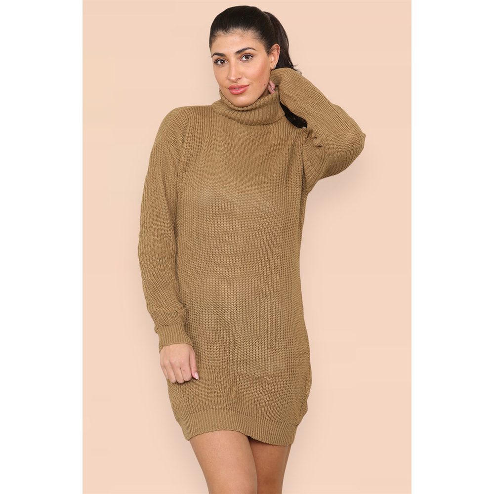 Polo Roll Neck Over Sized Ribbed Knitted Florescent Chunky Sweater Jumper Dress