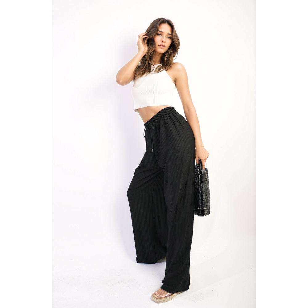 Textured Wide Leg Drawstring Trousers