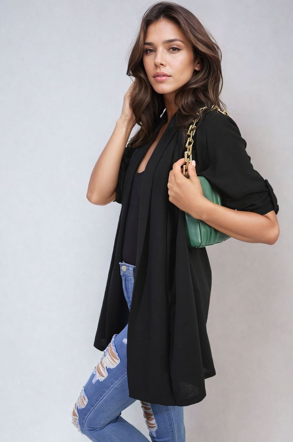 Open Front Roll Up Sleeve Cardigan