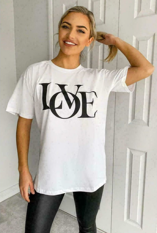 Ladies Oversized Love Print Slogan Short Sleeves T Shirt Top