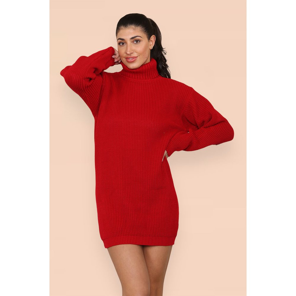 Polo Roll Neck Over Sized Ribbed Knitted Florescent Chunky Sweater Jumper Dress