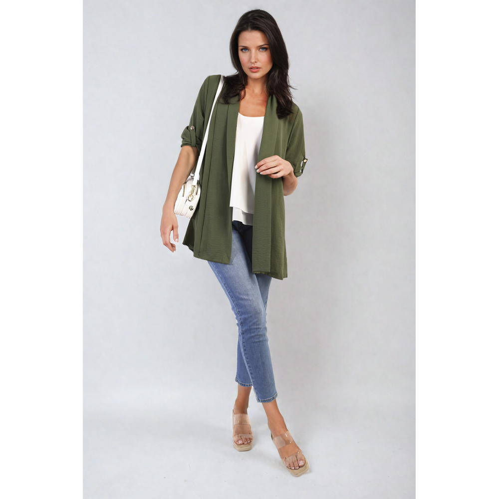 Open Front Roll Up Sleeve Cardigan