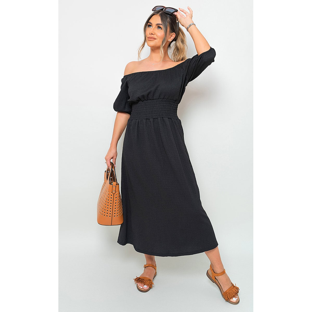 Off Shoulder Shirred Waist Mini Dress