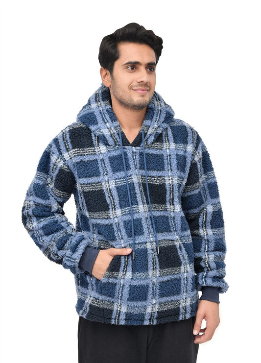 NAVY CHECK FLEECE TEDDY BORG HOODIE S