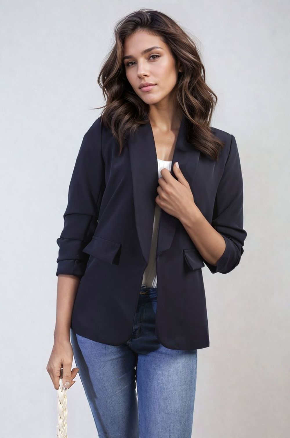 Ruched Sleeve Open Front Blazer Jacket with Front Pockets