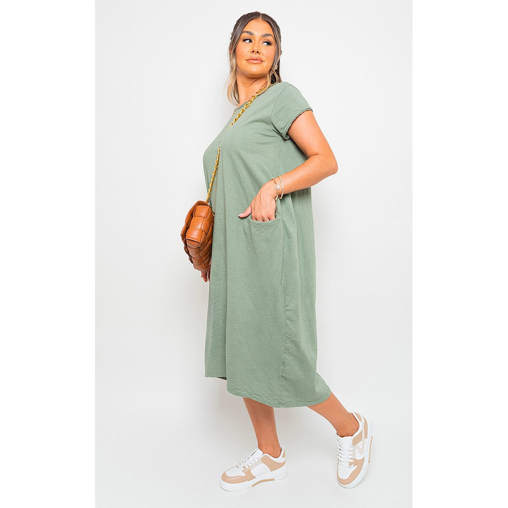 Front Pockets Short Sleeve Midi Dress