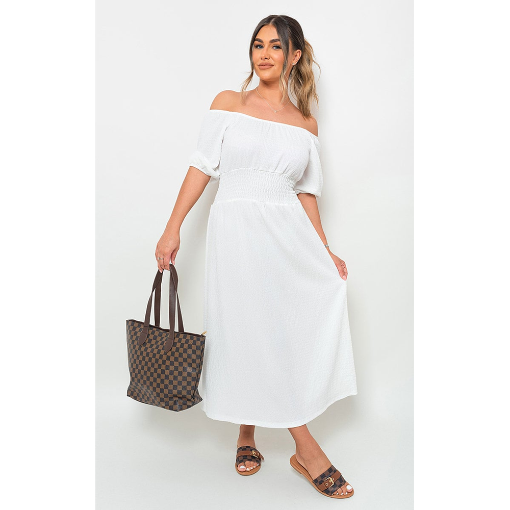 Off Shoulder Shirred Waist Mini Dress