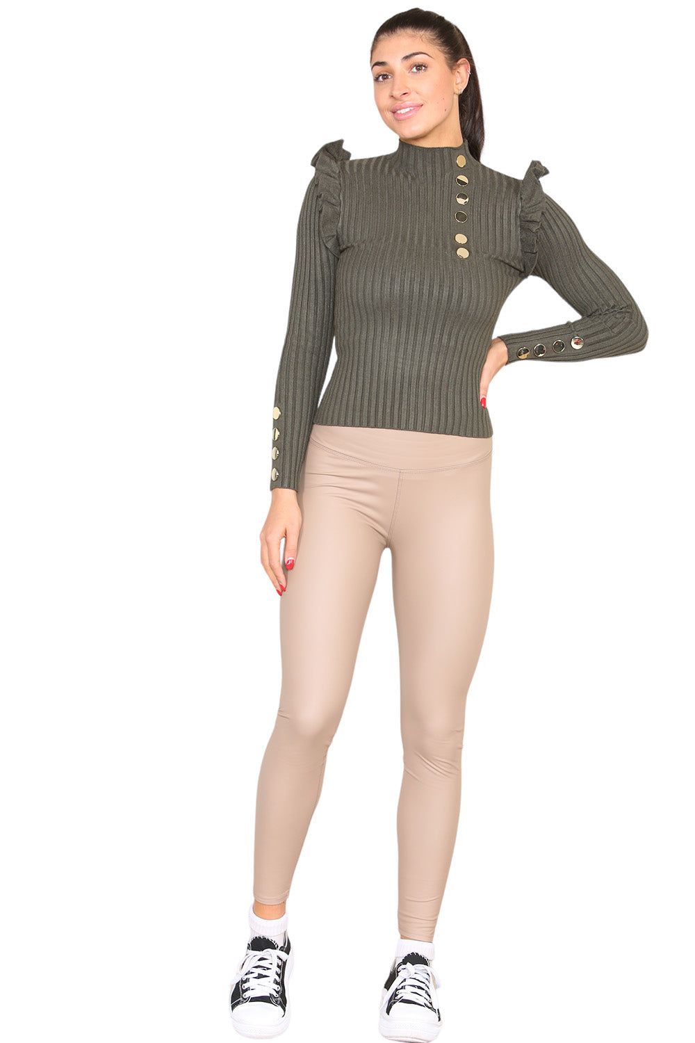 Ribbed Knit Gold Button Detail Jumper with Frill