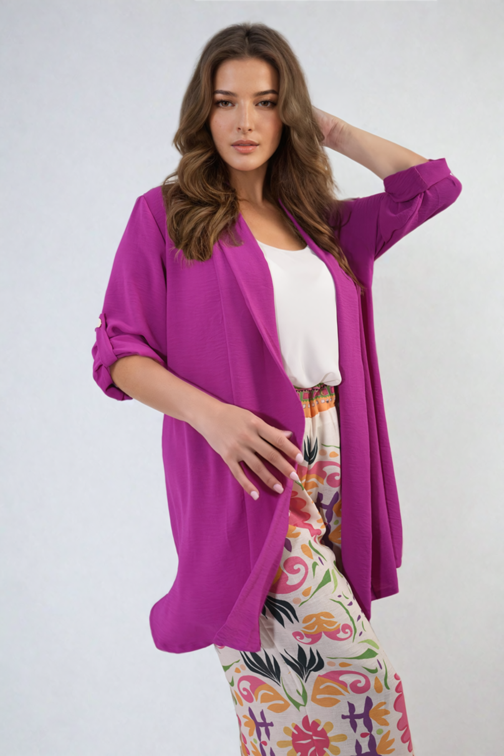 Open Front Roll Up Sleeve Cardigan