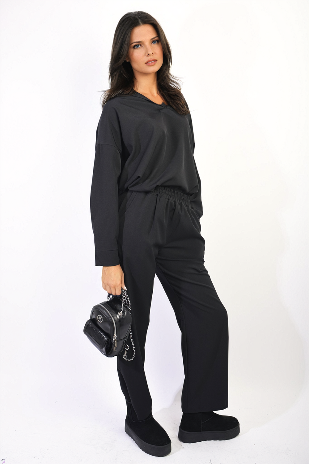 Women's V-neck Top and Wide Leg Trousers Set