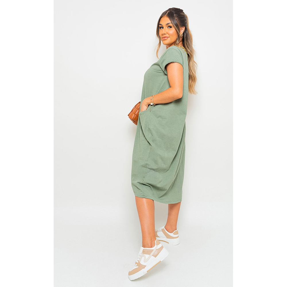 Front Pockets Short Sleeve Midi Dress