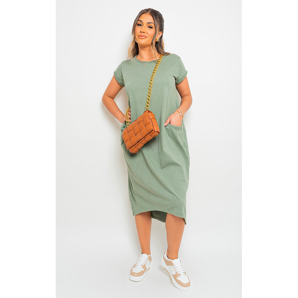 Front Pockets Short Sleeve Midi Dress