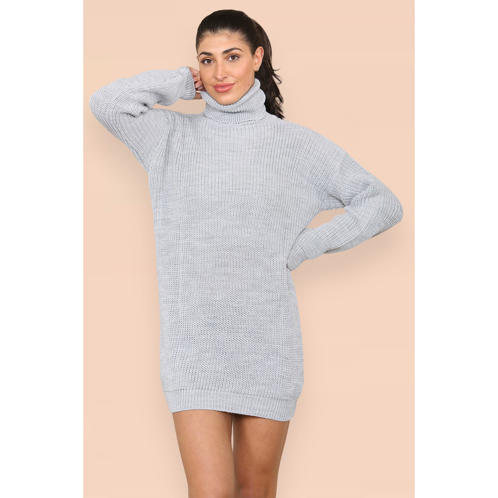 Polo Roll Neck Over Sized Ribbed Knitted Florescent Chunky Sweater Jumper Dress