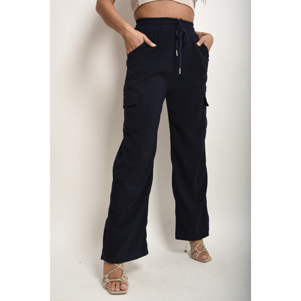 Wide Leg Drawstring Waist Flap Pocket Trouser