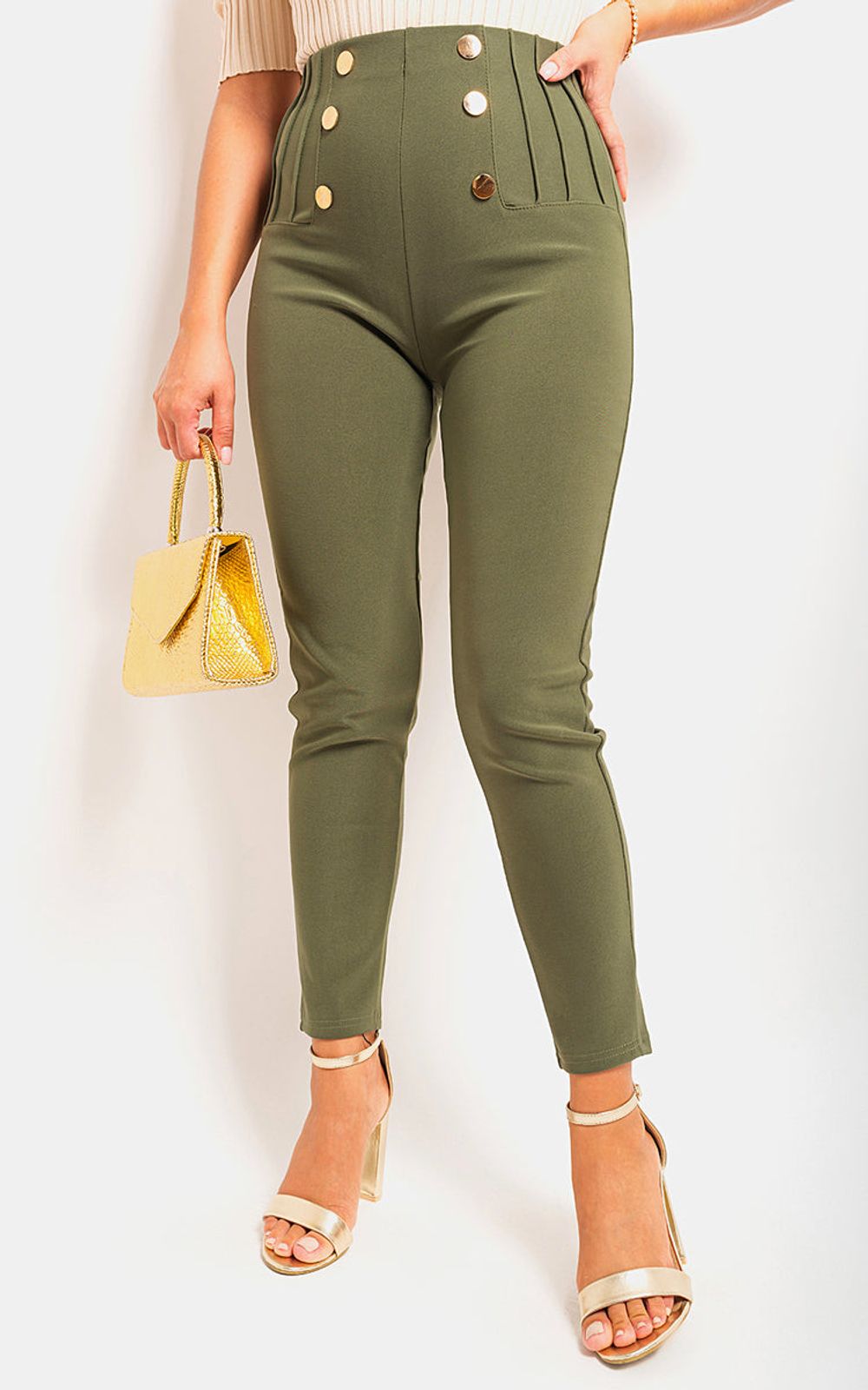 Women's High Waisted Trousers With Button Detail