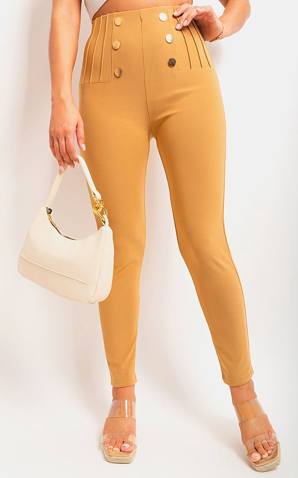 Women's High Waisted Trousers With Button Detail