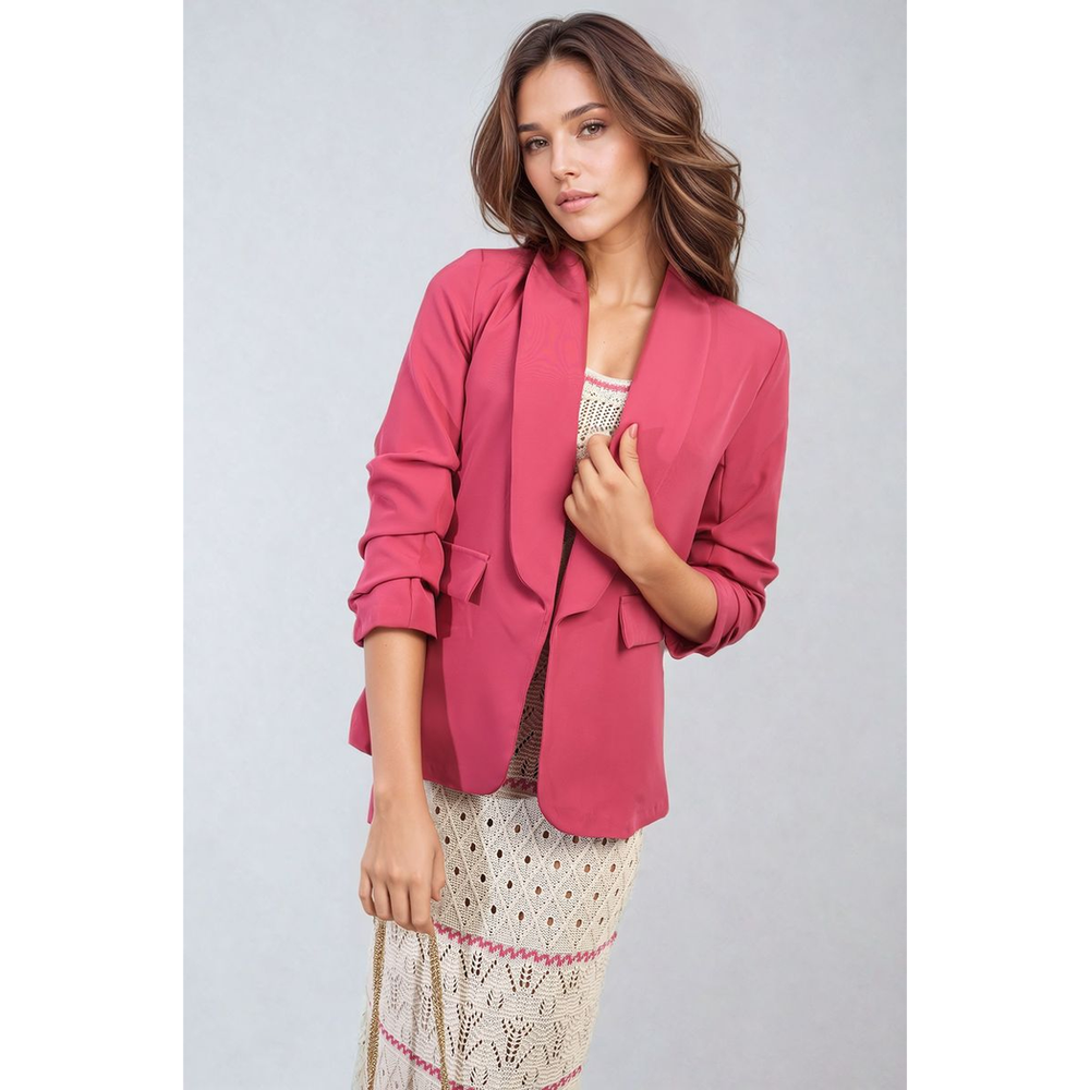 Ruched Sleeve Open Front Blazer Jacket with Front Pockets