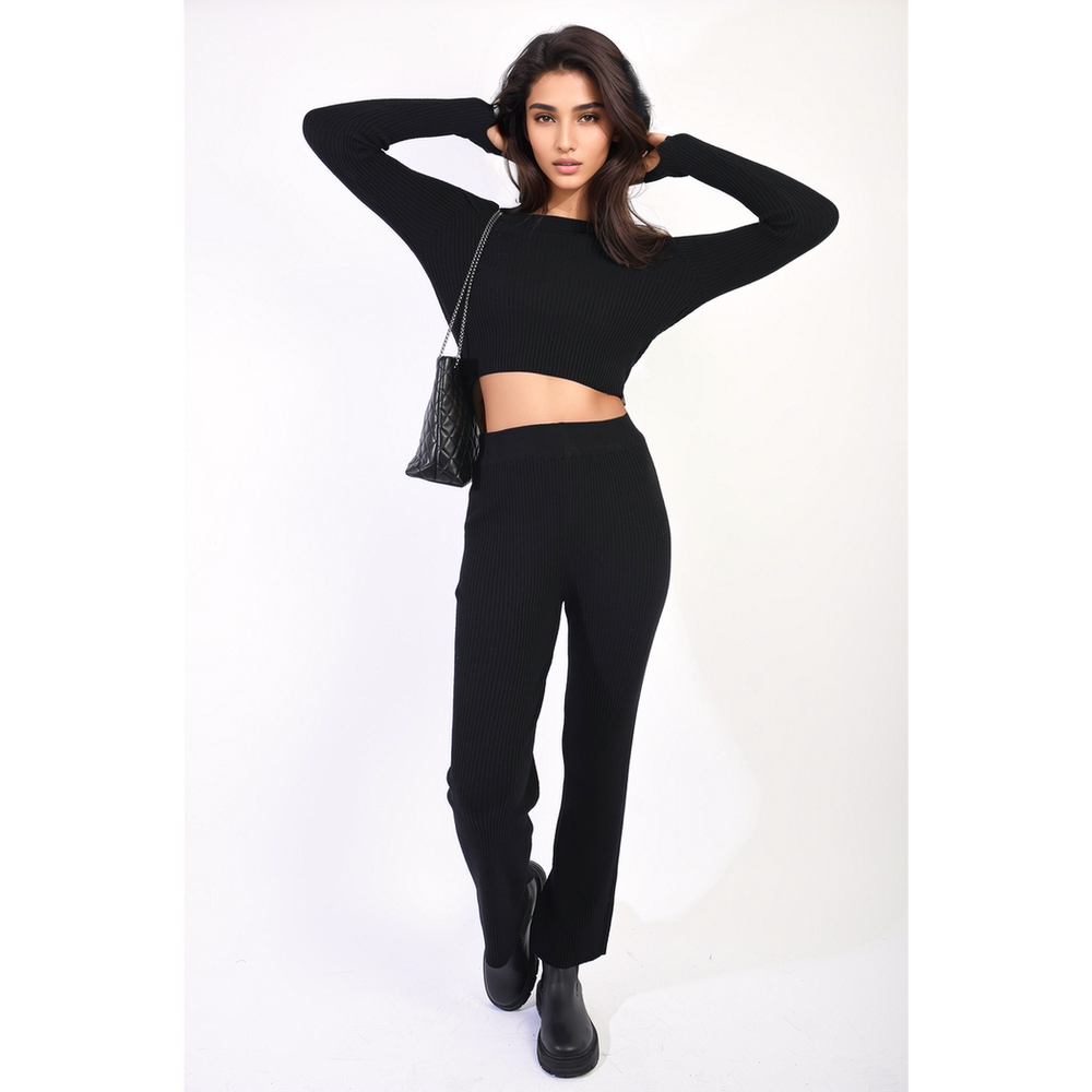 Knitted Long Sleeves Cropped Off Shoulder Top and Trousers Co-ord Set