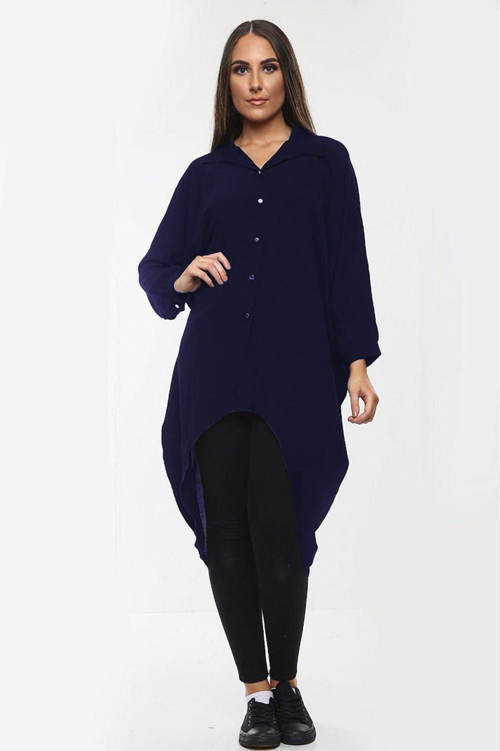 High-Low Oversized Button Long Top Shirt Dress with Hem and Long Sleeves