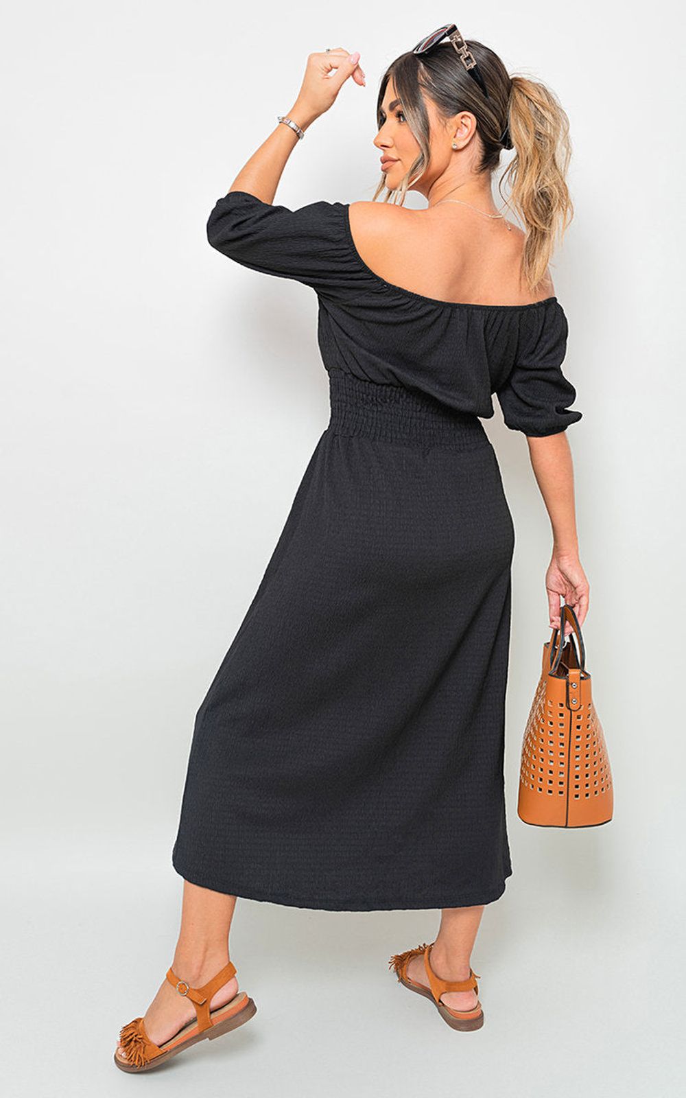 Off Shoulder Shirred Waist Mini Dress