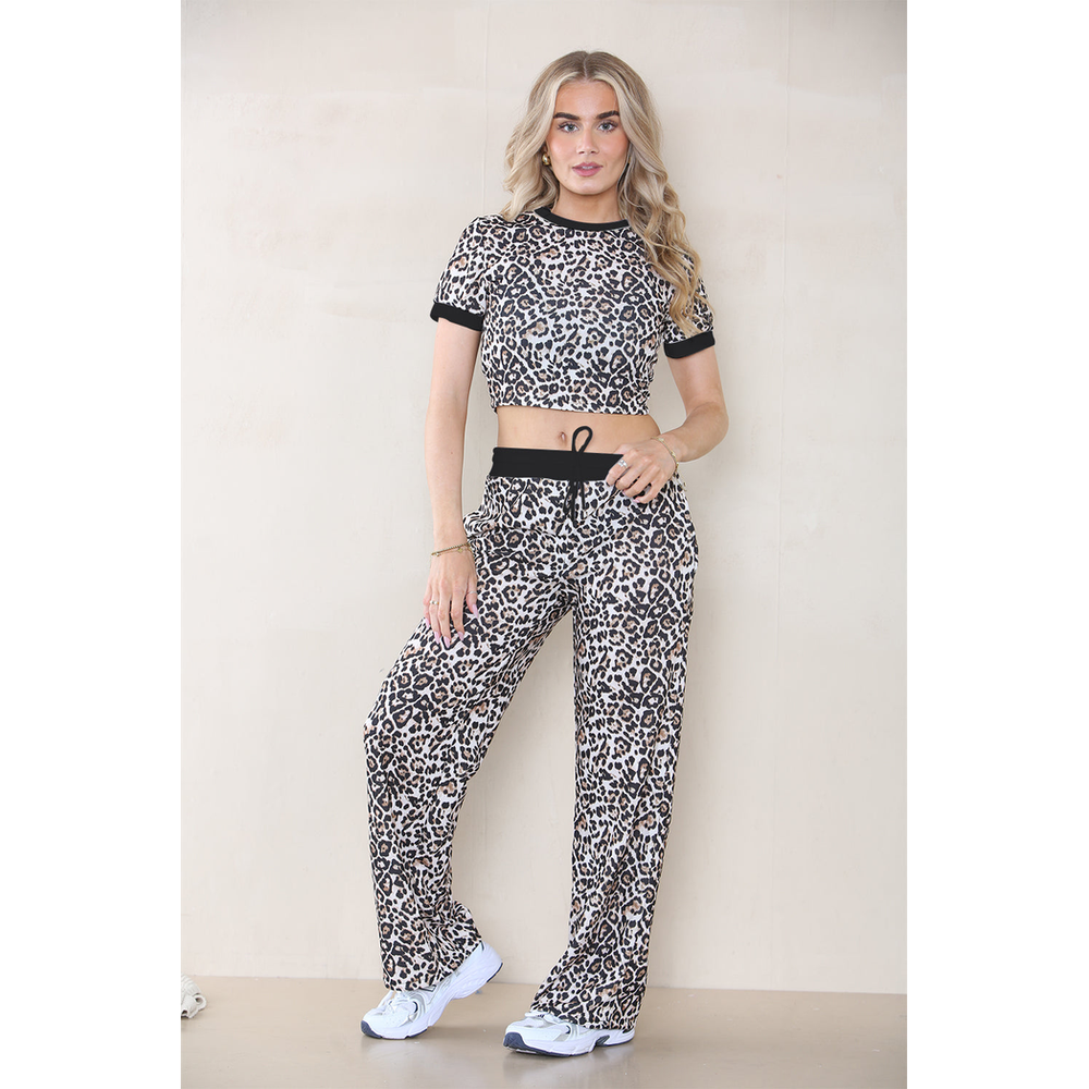 Leopard Print Ribbed Contrast Wide Leg Flared Trousers And Top Loungewear TRS Cropped Set