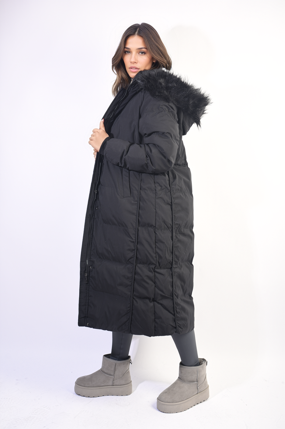 Longline Faux Fur Hooded Puffer Jacket